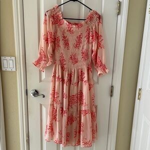 Eliza J Orange and White Smocked off shoulder Ruffled Midi Dress